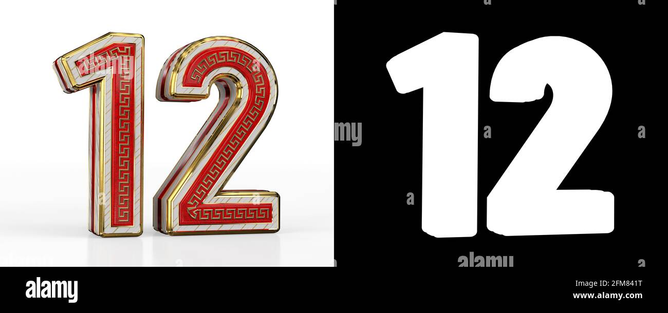 Numero dodici (numero 12) con striscia trasparente rossa su sfondo bianco, con canale alfa. Illustrazione 3D Foto Stock