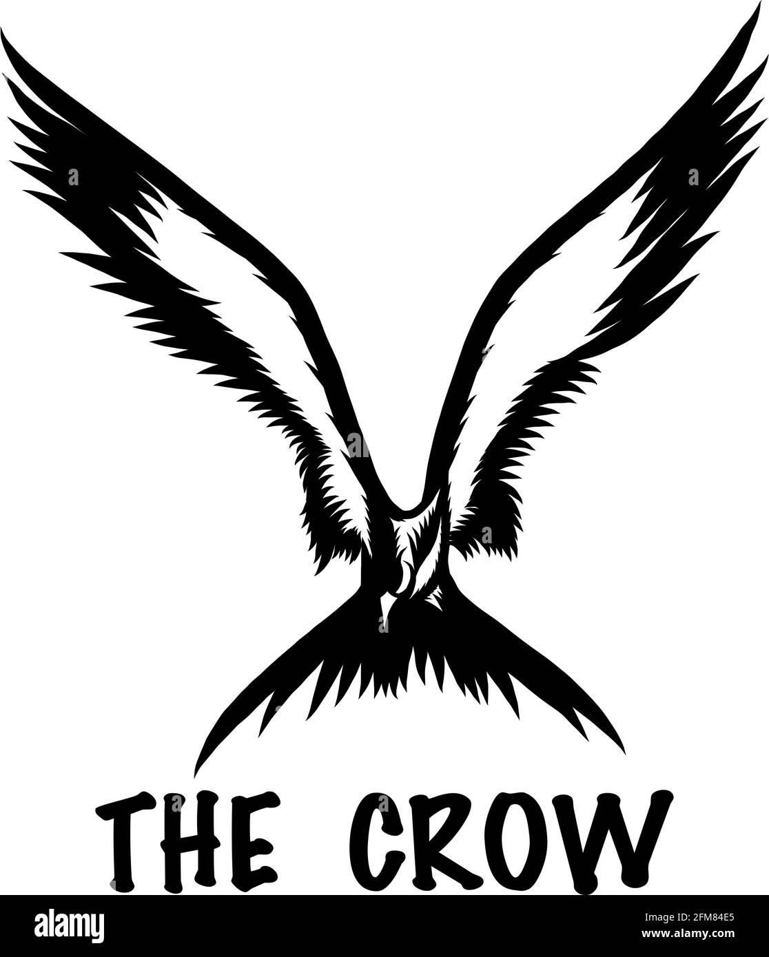 Una silhouette vettoriale in bianco e nero che raffigura un corvo in volo, perfetto come un logo, una t-shirt o un tatuaggio. Illustrazione Vettoriale