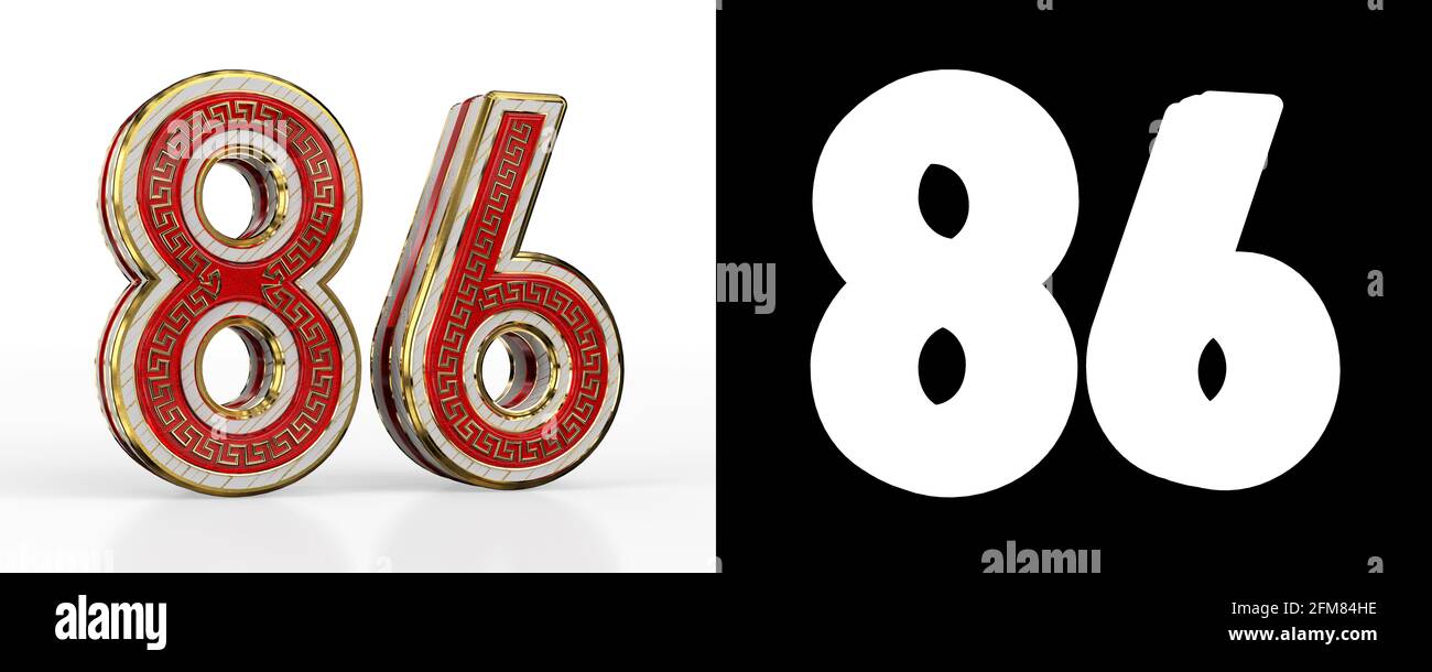 Numero ottantasei (numero 86) con striscia trasparente rossa su sfondo bianco, con canale alfa. Illustrazione 3D Foto Stock