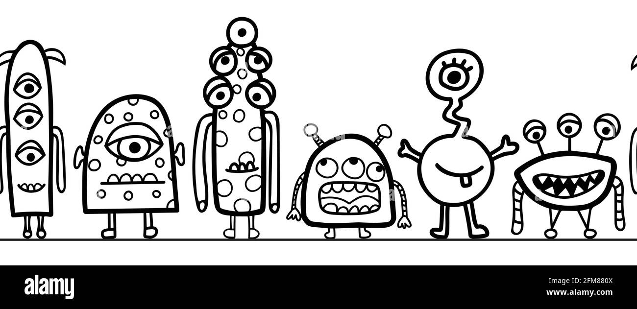 Vettore di bordo mostro senza giunture. Ripetizione carino alieni e mostri modello ripetitivo orizzontale nero su bianco. Banner monocromatico per bambini Illustrazione Vettoriale