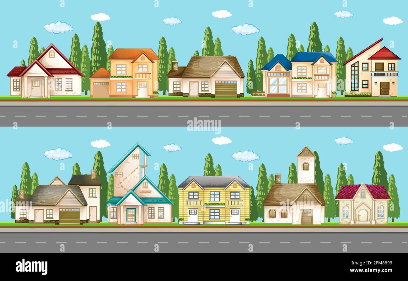 Insieme di case urbane lungo l'illustrazione della strada Illustrazione Vettoriale