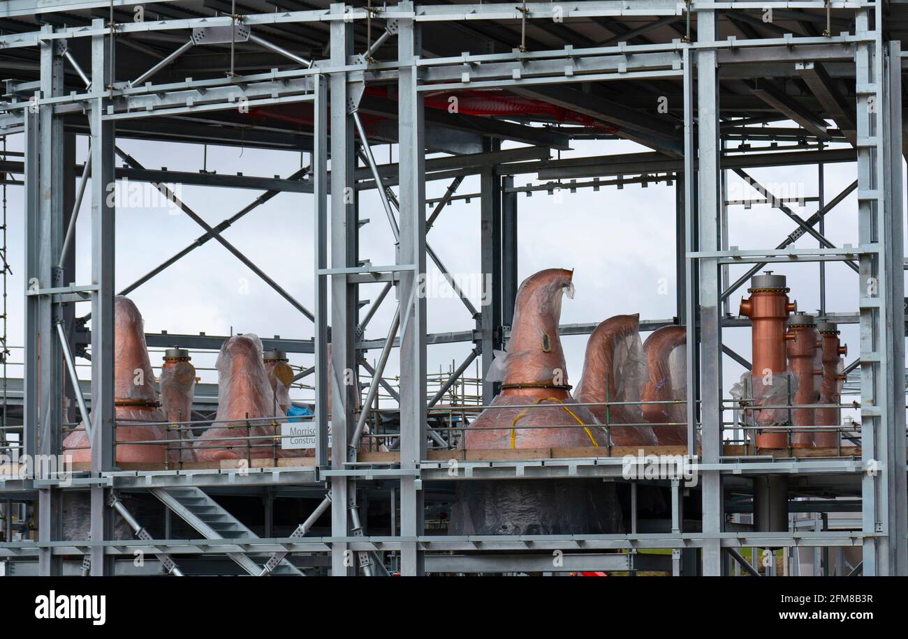 Nuovi distillatori di rame visibili durante la costruzione della distilleria di whisky scotch per Gordon & MacPhail a Speyside a Craggan, Grantown-on-Spey Foto Stock