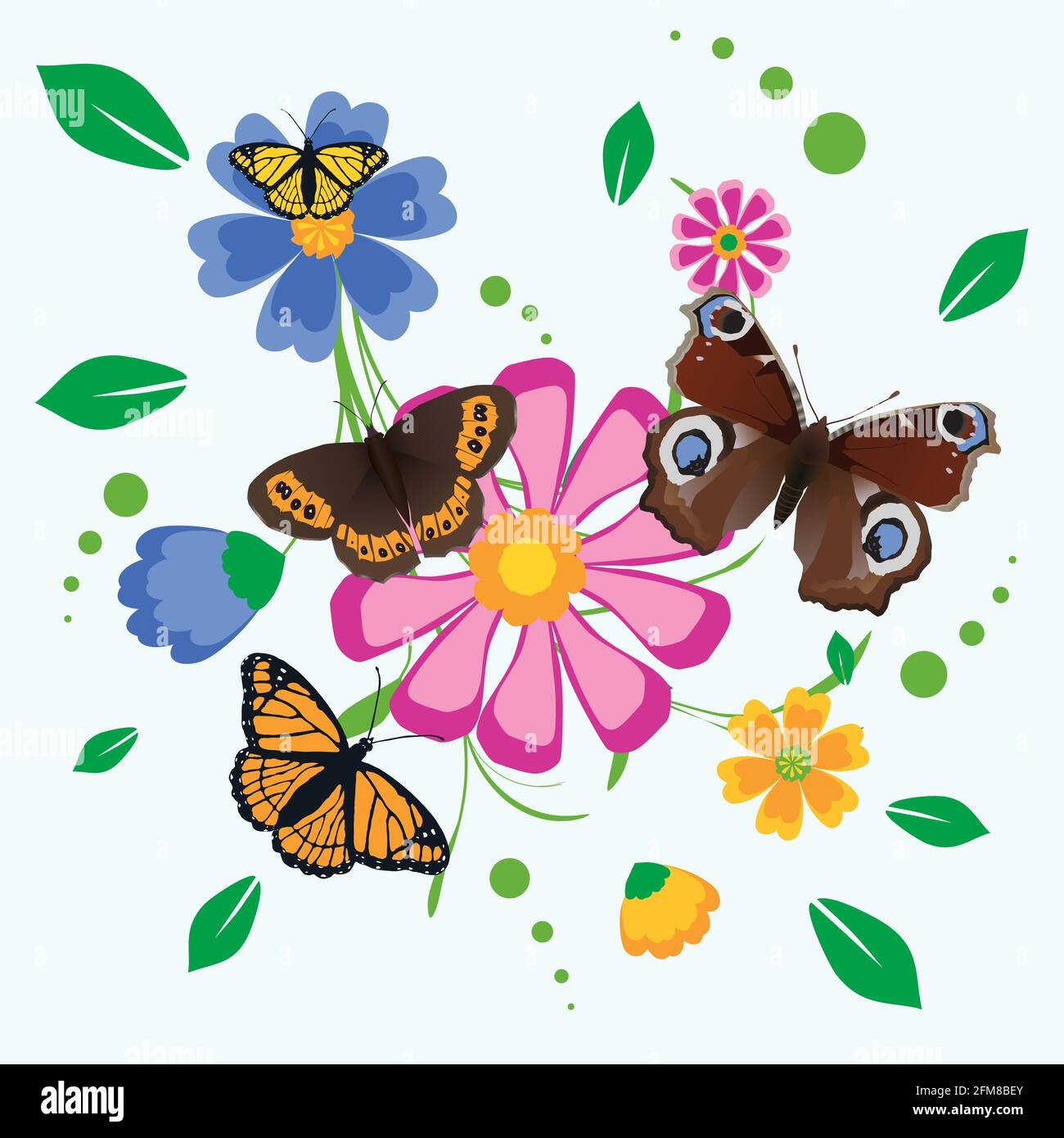 Un bouquet di fiori colorati e foglie con farfalle diverse. Illustrazione Vettoriale