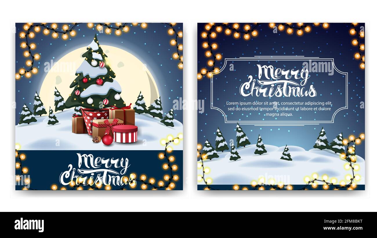 Cartolina a due lati con cartoni animati paesaggio invernale, grande luna gialla e albero di Natale in una pentola con regali Foto Stock