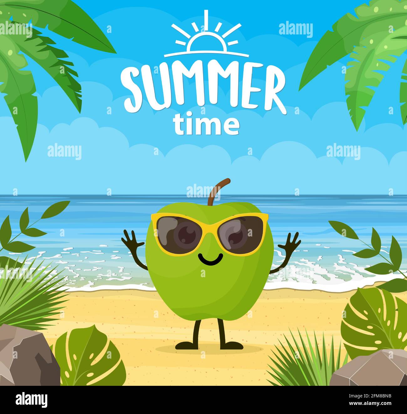 Banner estivo divertente con personaggi di frutta. Illustrazione Vettoriale