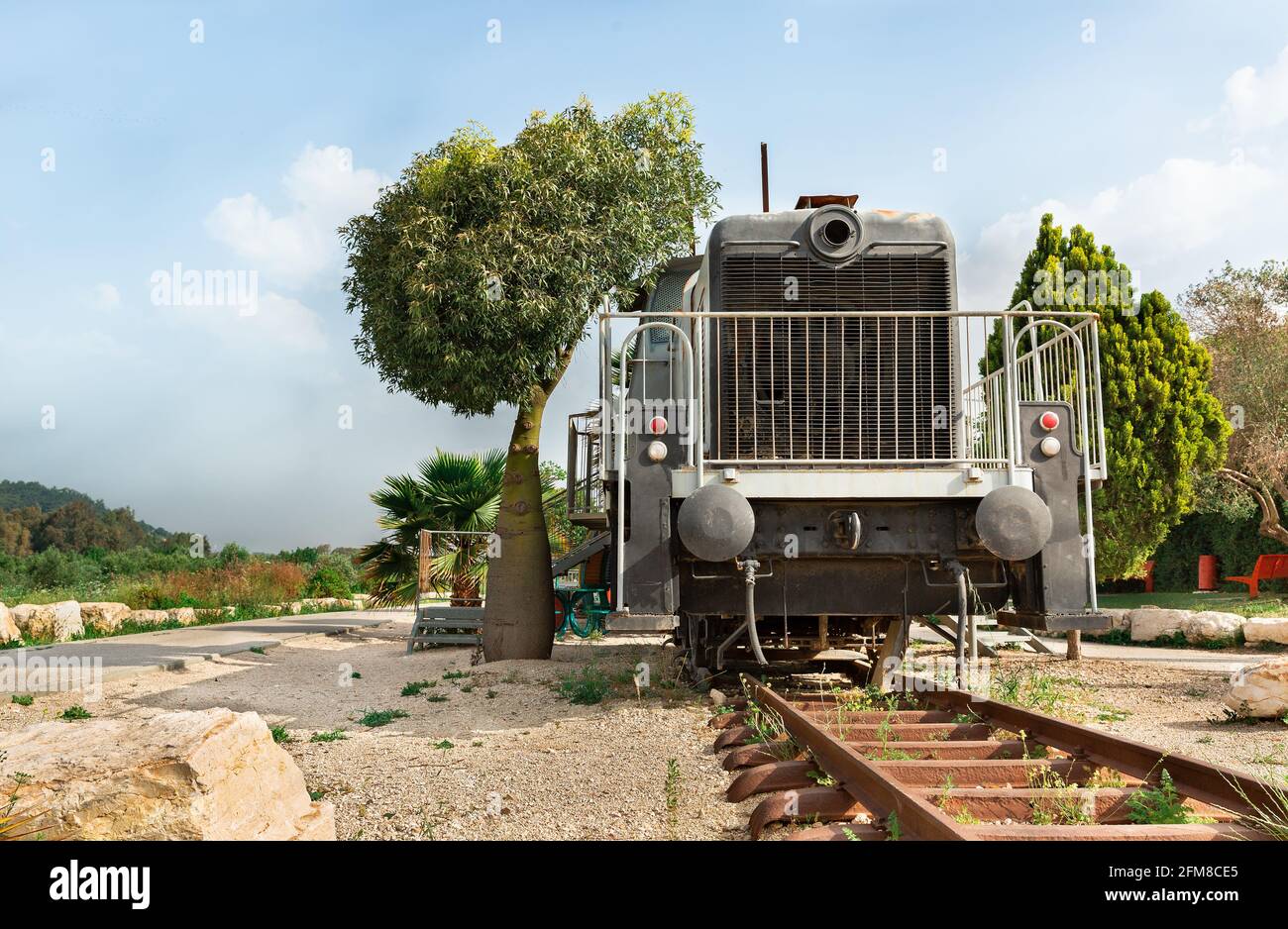 Bellissima locomotiva sulla vecchia ferrovia Jezreel Israele Foto Stock