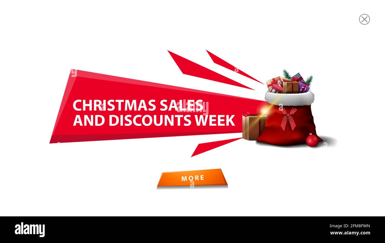 Offerte natalizie e sconti settimana, pop up bianco per sito web con forme astratte poligonali, Babbo Natale borsa con regali e orage pulsante Foto Stock