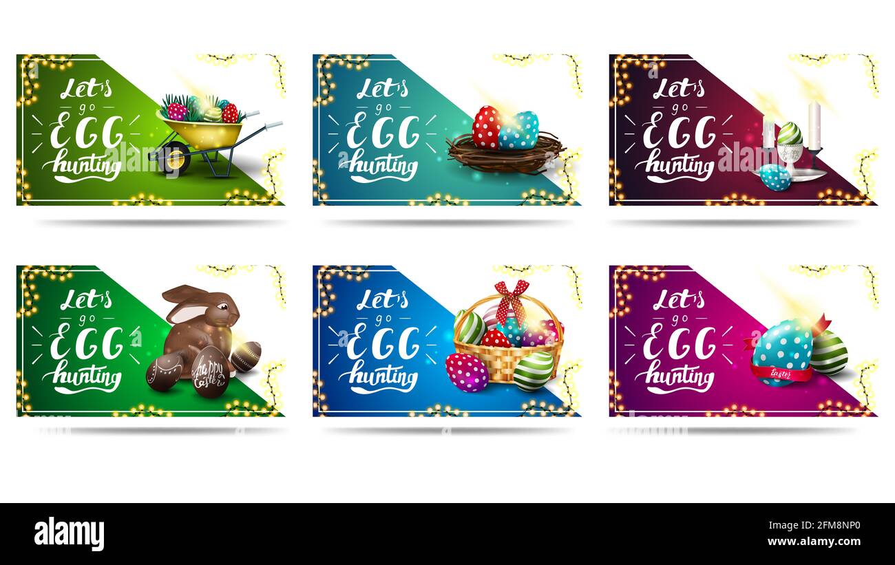 Andiamo a caccia di uova, raccolta orizzontale cartoline pasquali con belle scritte e cornice di ghirlanda isolato su bianco Foto Stock