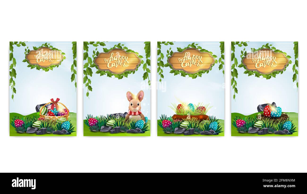 Buona Pasqua, cartoline della collezione con icone pasquali e paesaggi primaverili. Poster di Pasqua isolati su sfondo bianco pronti per la stampa Foto Stock