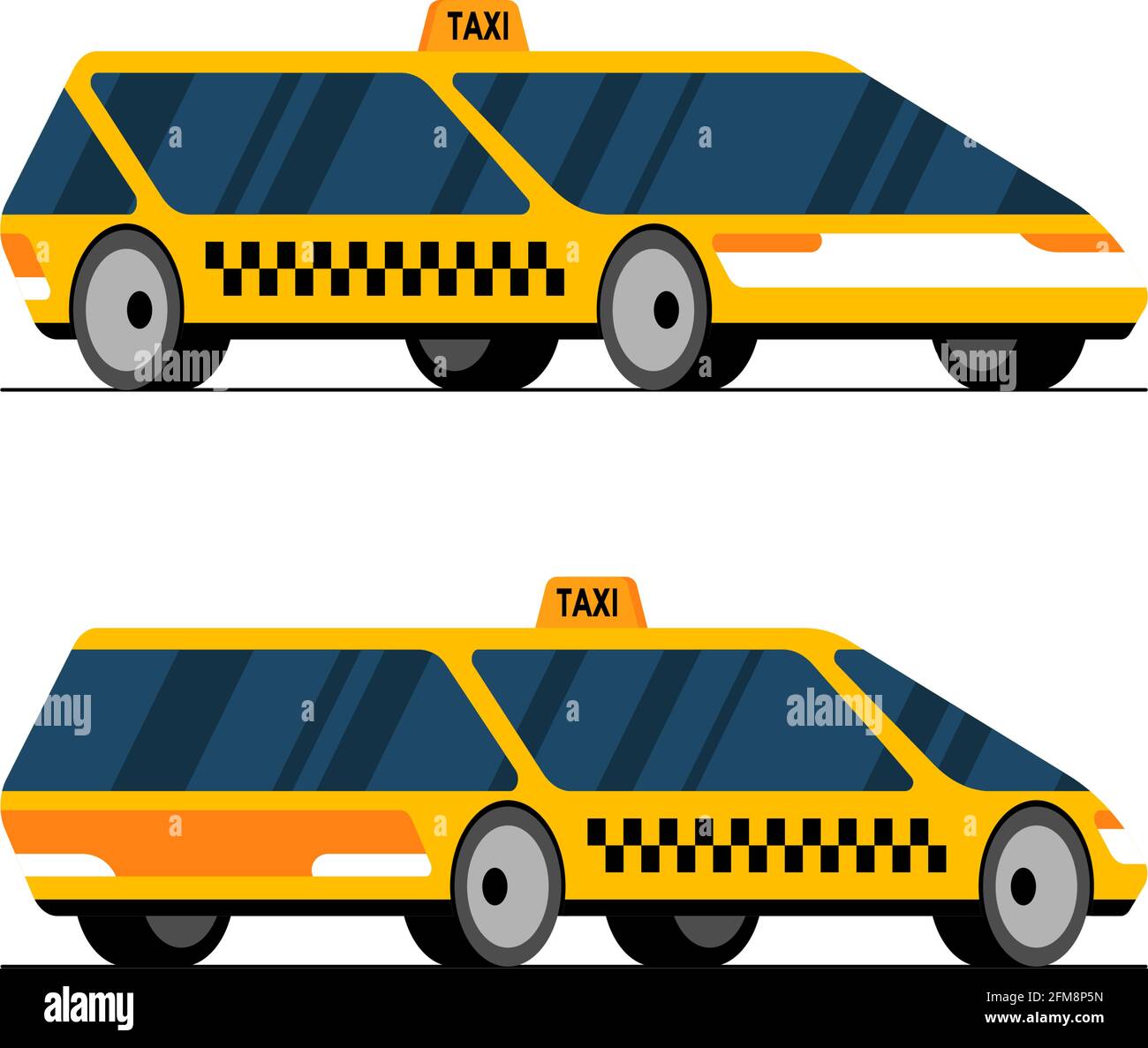 Taxi auto auto guida vista prospettica anteriore e posteriore laterale. Futuristico giallo senza equipaggio concetto taxi City servizio di trasporto set moderno flat vettore cartoon illustrazione stile Illustrazione Vettoriale
