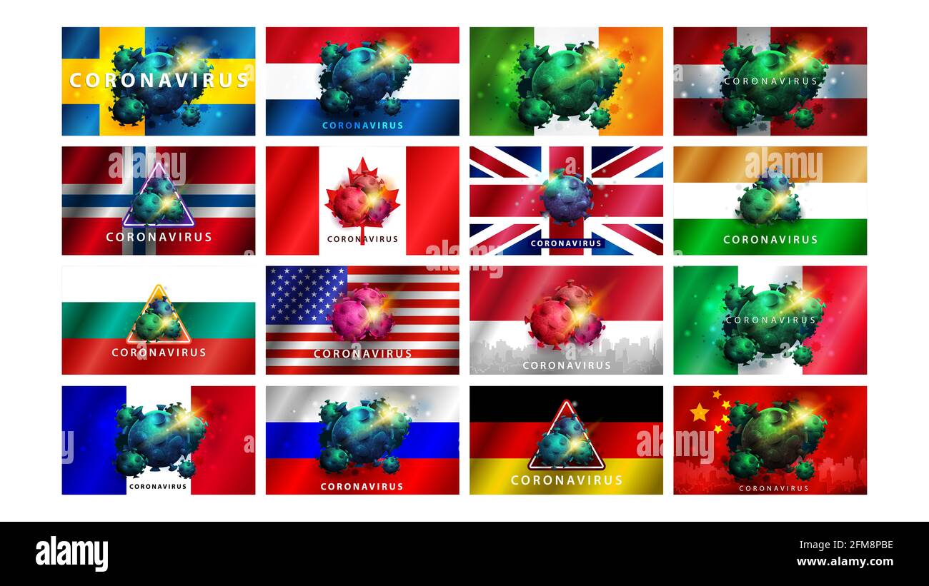 Grande collezione di segnali di allarme coronavirus sullo sfondo delle bandiere dei paesi. Coronavirus 2019-nCoV. Segni di coronavirus COVID-2019 Foto Stock