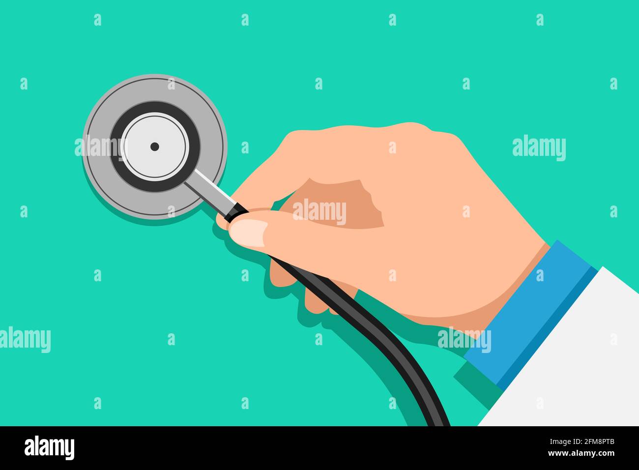 Medico mano azienda stetoscopio. Attrezzature mediche di ispezione. Assistenza sanitaria. Appartamento illustrazione vettoriale su sfondo verde EPS Illustrazione Vettoriale