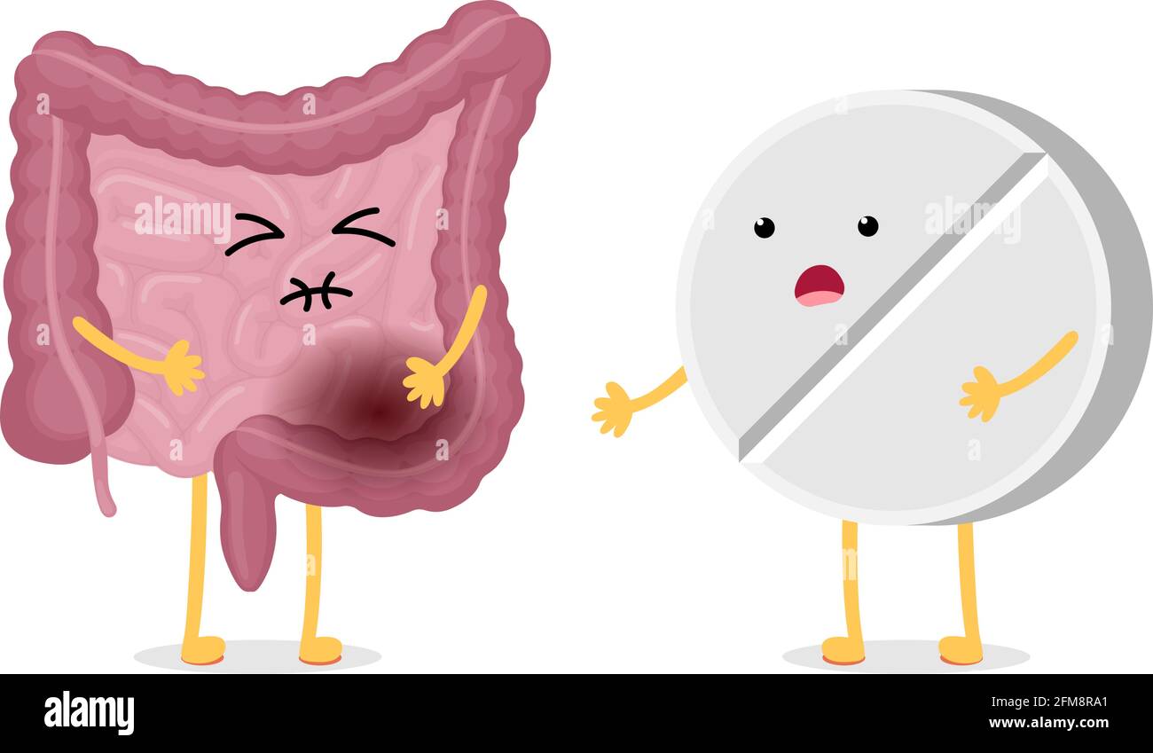 Triste sofferenza dolore intestinale malato e medicina compressa personaggio cartone animato. Cavità addominale digestivo ed escrezione trattamento interno umano malsano dell'organo. Concetto di vettore di indigestione dell'infiammazione Illustrazione Vettoriale
