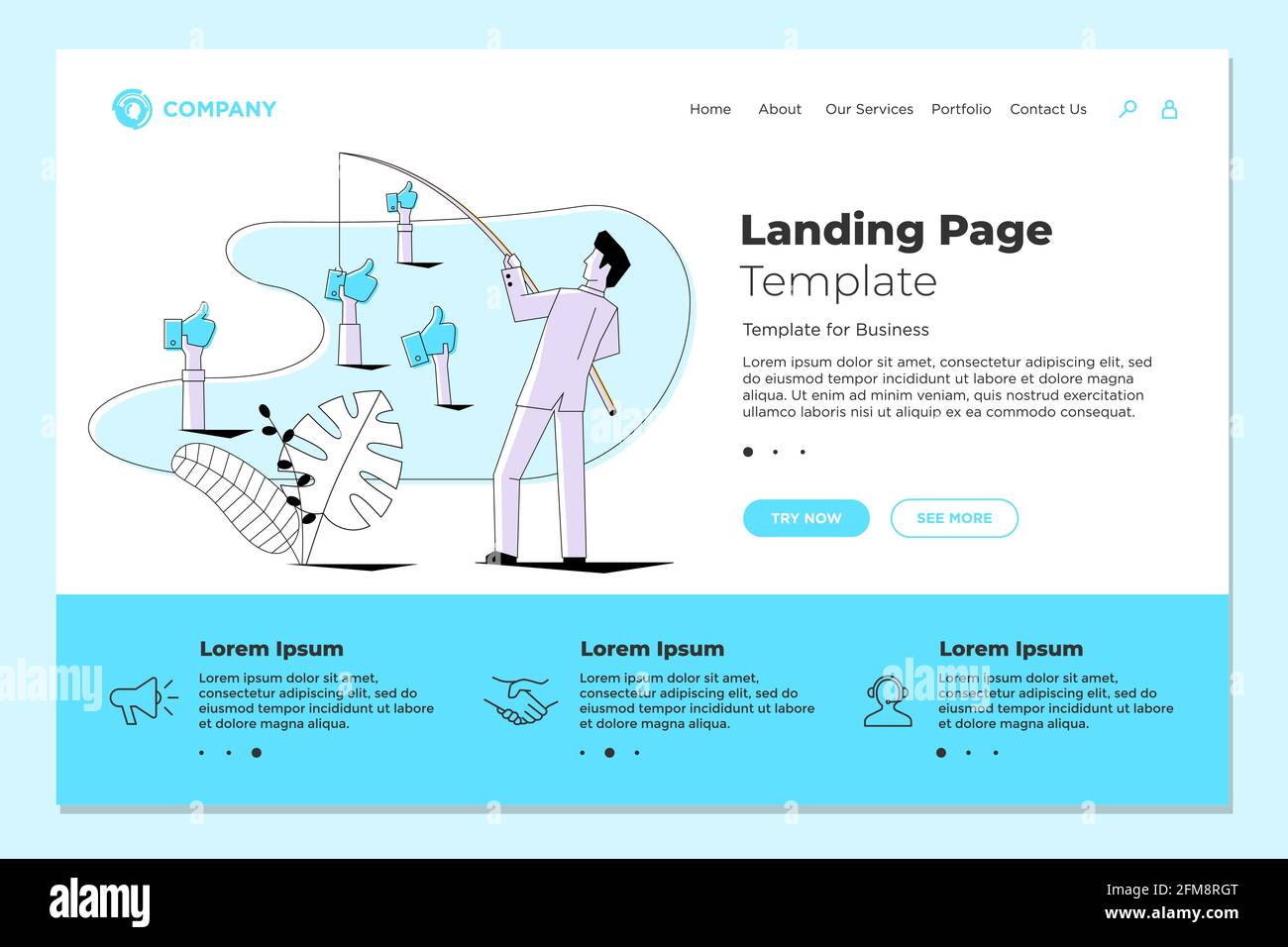 Fisherman businessman pesca pollici su gradisce sul modello di disegno di fotoricettore della pagina di atterraggio. Vettore business internet tecnologia SMM social media marketing sito web concetto eps illustrazione Illustrazione Vettoriale