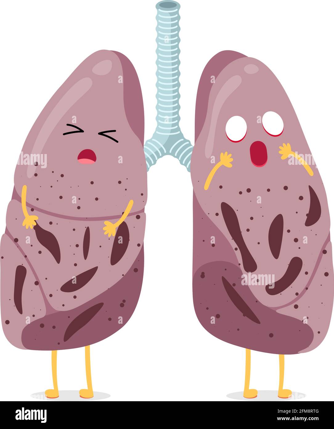 Malattia malata non sana dei polmoni del cartone animato carattere malattia del virus di tubercolosi. Apparato respiratorio umano tubercolo interno dell'organo bacillus o polmonite colpito. Illusrtazione vettoriale danno anatomico medico Illustrazione Vettoriale
