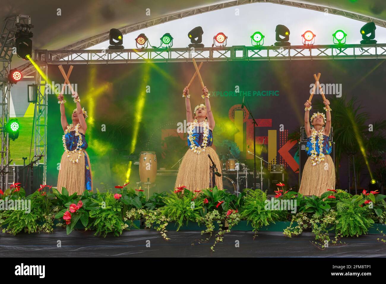 Ballerini hula hawaiani che si esibiscono utilizzando bastoncini di bambù per mantenere il ritmo al Pasifika Festival, una celebrazione della cultura dell'isola del Pacifico. Auckland, Nuova Zelanda Foto Stock