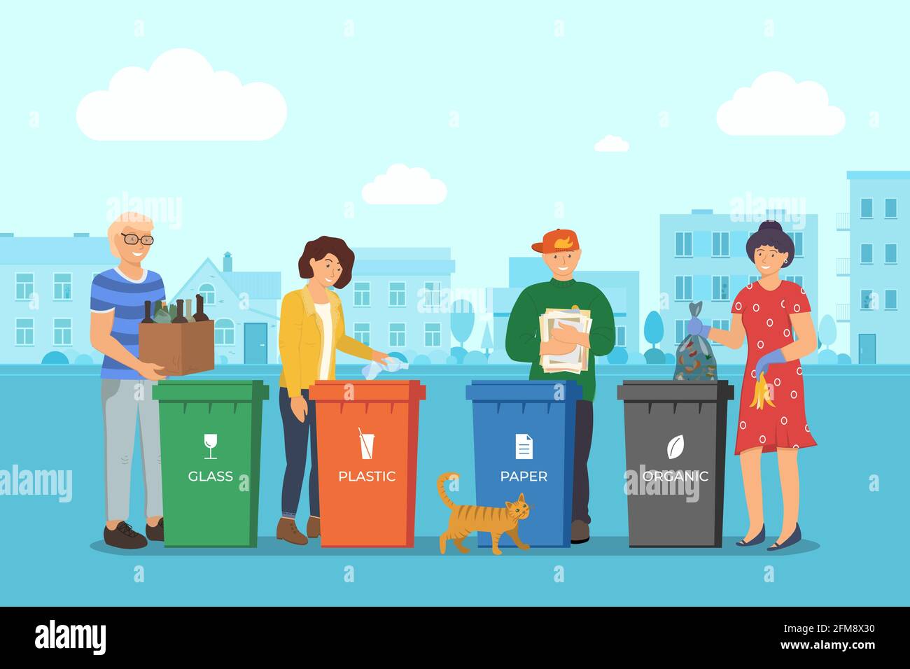 Persone che smistano rifiuti per il riciclaggio in città strada. Uomini e donne responsabili si trovano vicino al cestino della polvere e utilizzano rifiuti e rifiuti in contenitori diversi per l'utilizzo dei rifiuti. Ambiente ed ecologia Illustrazione Vettoriale