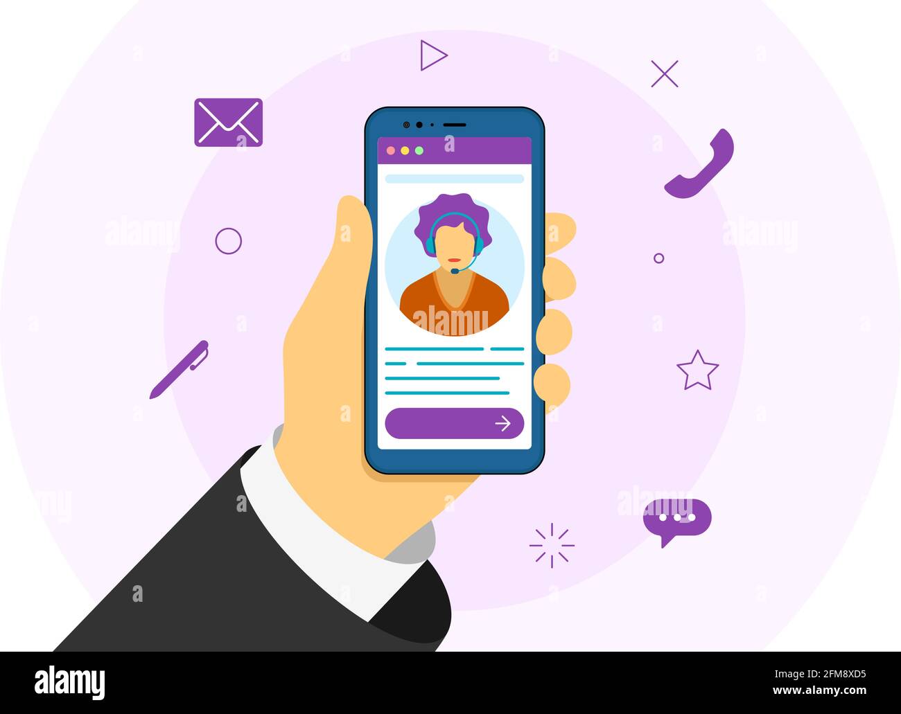 Supporto tecnico online per clienti e operatori 24-7. Il consulente del centro di chiamata della hotline femminile bianca consiglia il cliente. Servizio di assistenza virtuale online per telefono. Illustrazione vettoriale Illustrazione Vettoriale