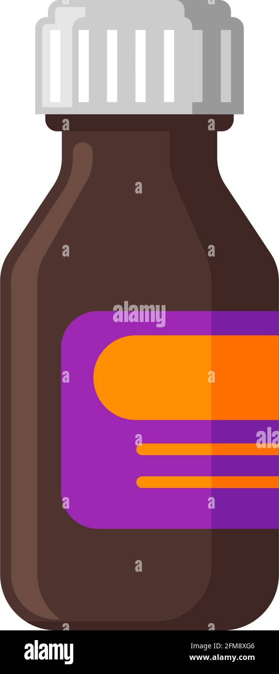 Flacone piatto in vetro marrone per uso medico. Matraccio farmaceutico per medicina con adesivo vuoto. Illustrazione del vettore della farmacia di cura di salute di trattamento di farmaco Illustrazione Vettoriale