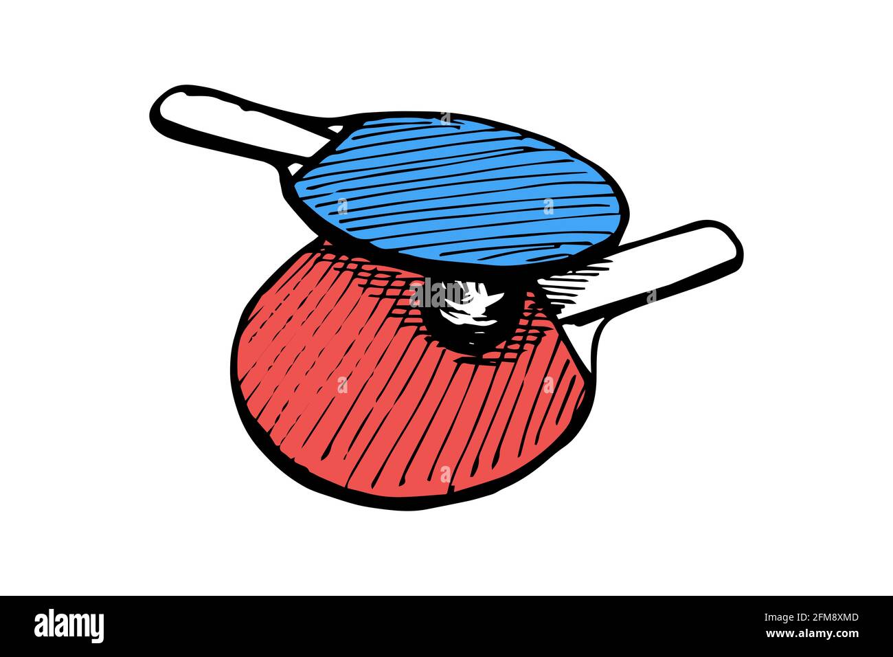 Racchette blu e rosse da ping-pong e disegno a forma di palla a mano.  Attrezzatura da ping-pong. Concetto di logo delle pagaie del gioco del ping  pong. Inchiostro nero vettoriale immagine isolata