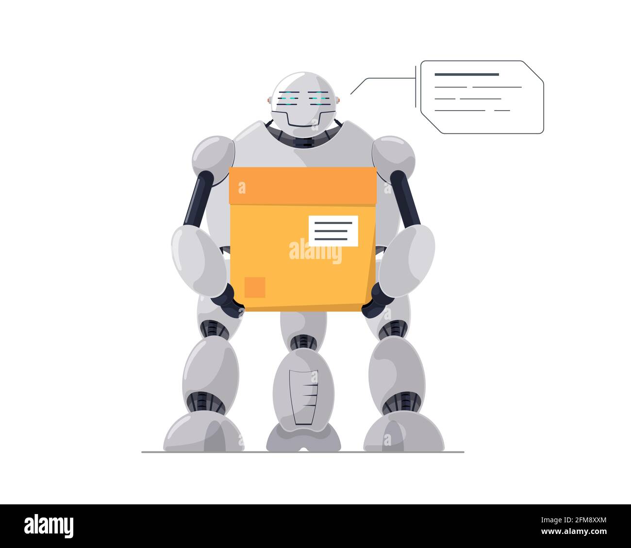 Il corriere robotizzato o il caricatore che tiene il pacco di cartone tecnologia futura. Servizio di consegna robot o concetto di lavoro di magazzino. Illustrazione eps isolato flat vettoriale logistico droid intelligente ai automatizzata Illustrazione Vettoriale