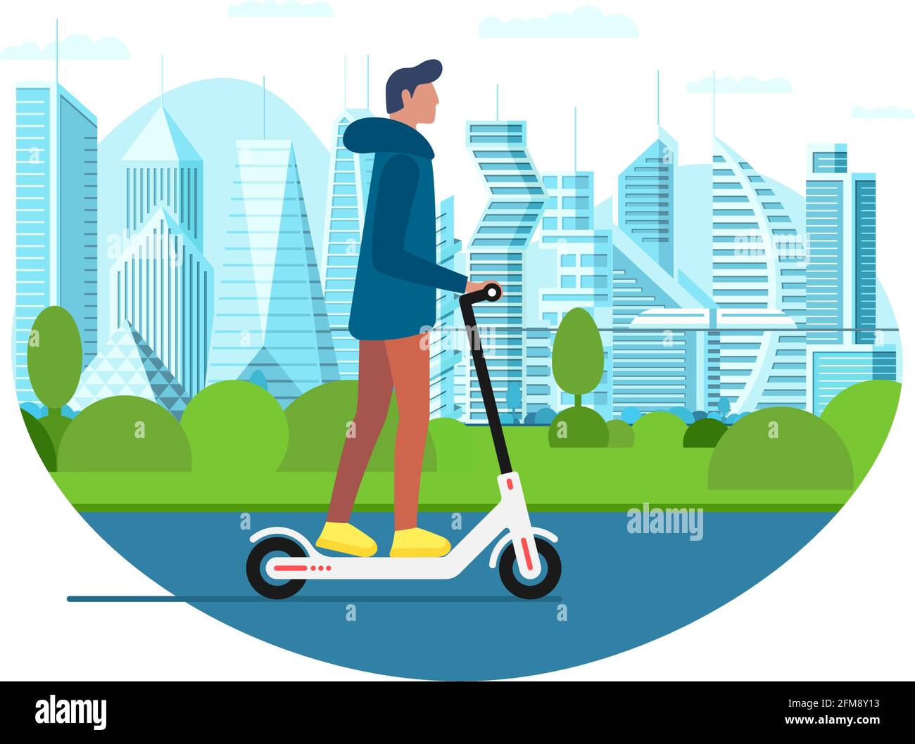 Scooter elettrico di corsa maschile giovane. Stile di vita di attività concetto in movimento sulla futura strada della città. Vettore eps illustrazione innovativa mobilità attiva hipster adulto millennial su metropoli paesaggio urbano Illustrazione Vettoriale