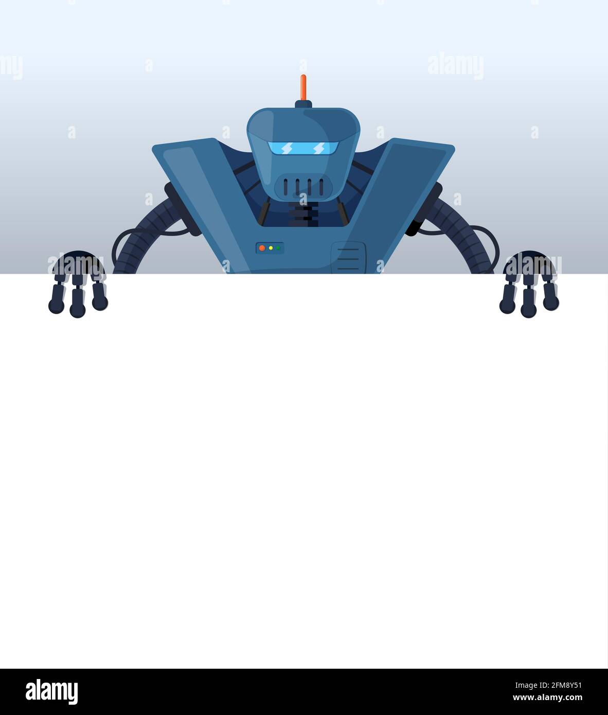 Il robot Cartoon si trova dietro uno spazio poster vuoto per il testo. Personaggio blu retrò cyborg con bordo bianco vuoto per la presentazione. Illustrazione vettoriale del disegno dell'interfaccia di mockup del banner di informazioni robotica Illustrazione Vettoriale