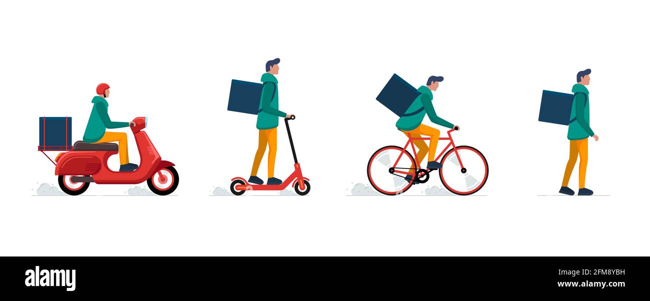 Set concetto di servizio corriere espresso del ragazzo di consegna. Online veloce uomo logistico in bicicletta, scooter elettrico, ciclomotore e camminare a piedi con ordini pacchi box e zaino. Illustrazione isolata piatta vettoriale Illustrazione Vettoriale