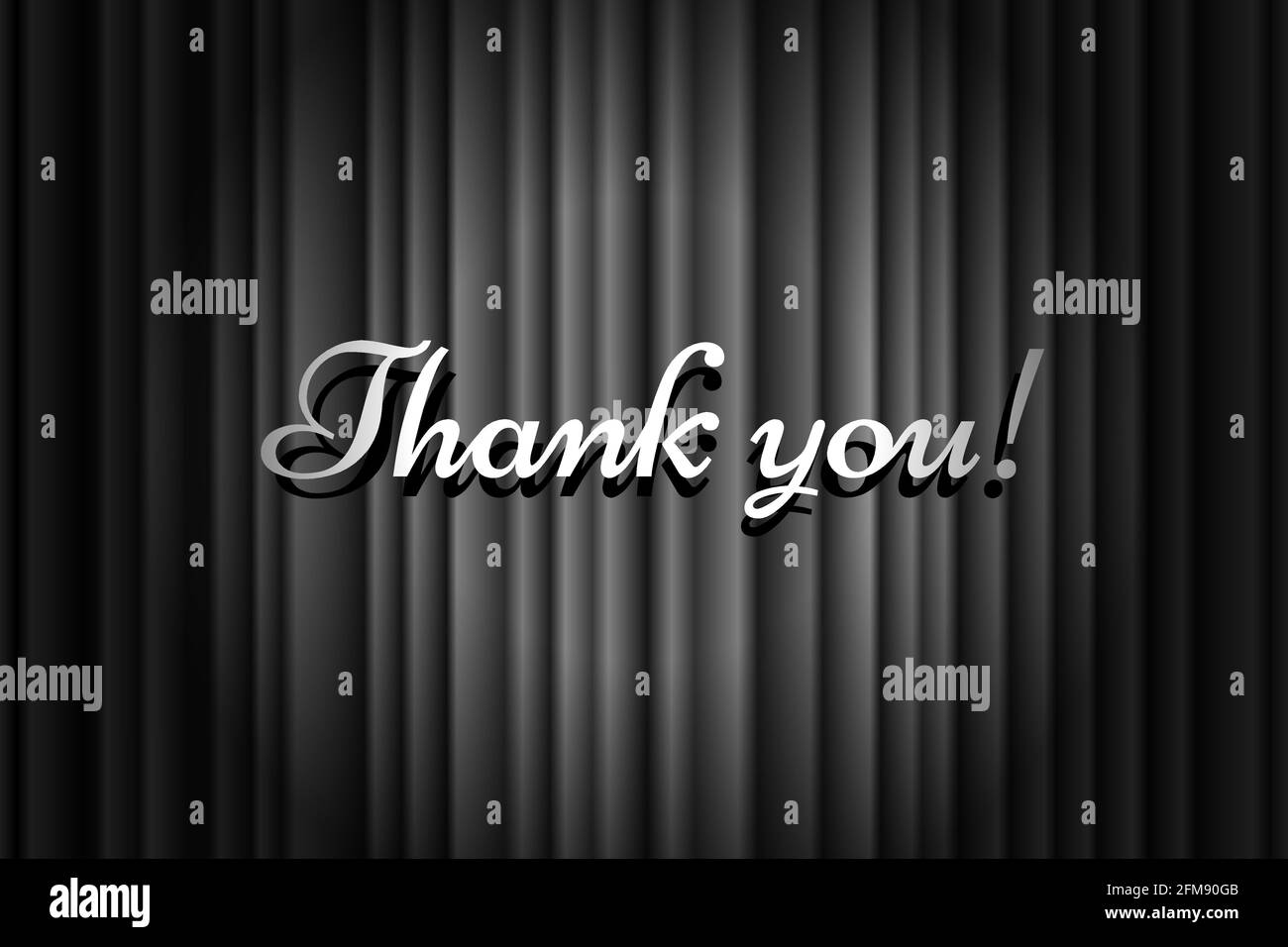 Grazie titolo scritto a mano su sfondo chiuso nero serigrafico tenda di lusso teatro con fascio di luce illuminato. Vecchio annuncio di promozione del cinema vettore retro scena poster illustrazione modello Illustrazione Vettoriale