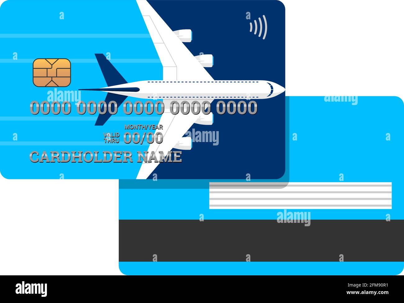 Carta di credito miglia con aeroplano su copertina blu modello anteriore e posteriore. Carta di credito in plastica con bonus per frequenti viaggi aerei vettore isolato illustrazione Illustrazione Vettoriale