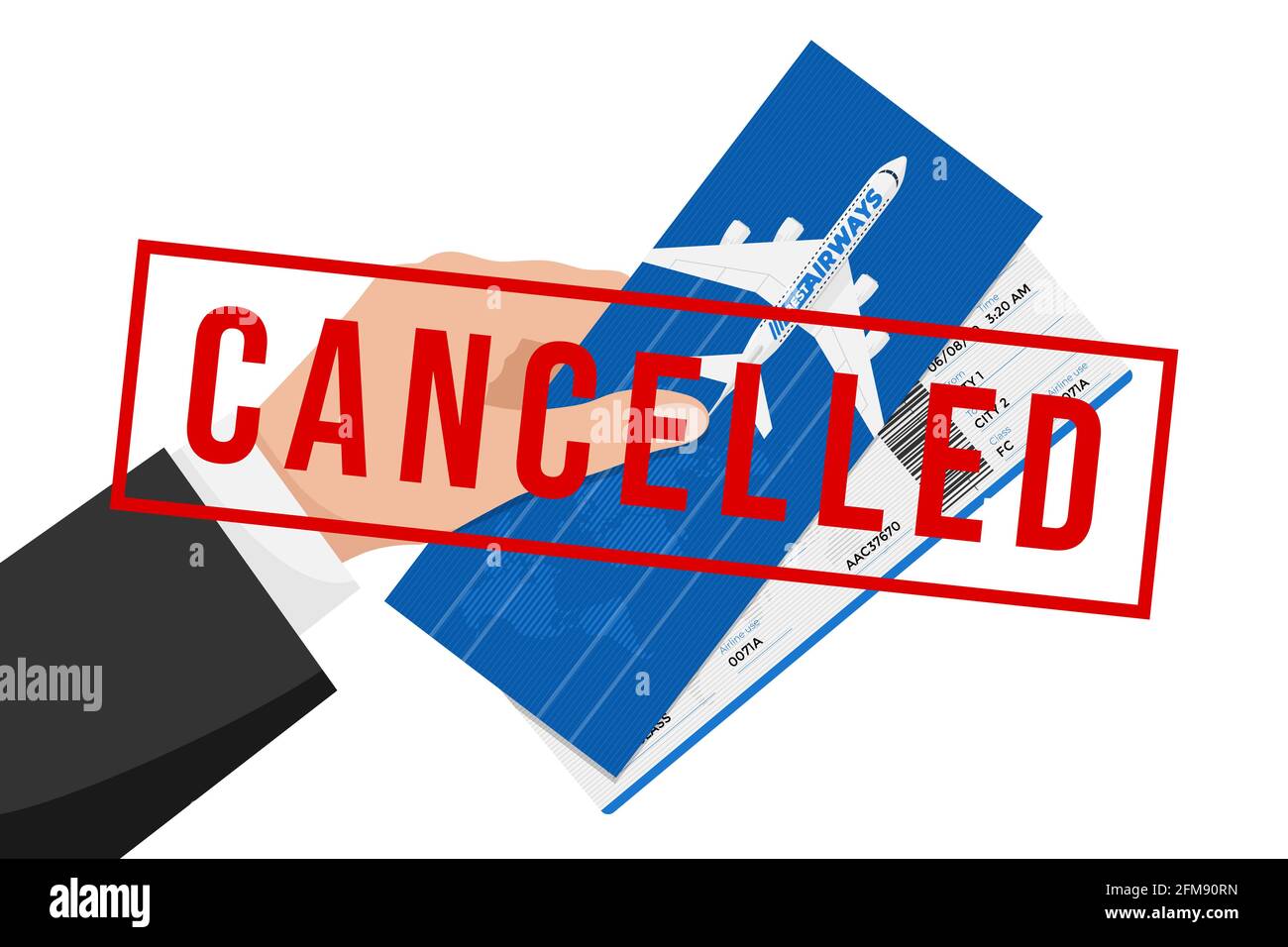 Il volo è stato annullato con la carta d'imbarco e il timbro di cancellazione del biglietto di detenzione a mano. Concetto di restituzione dei documenti di viaggio in aria temporaneamente sospeso. Illustrazione eps vettoriale Illustrazione Vettoriale