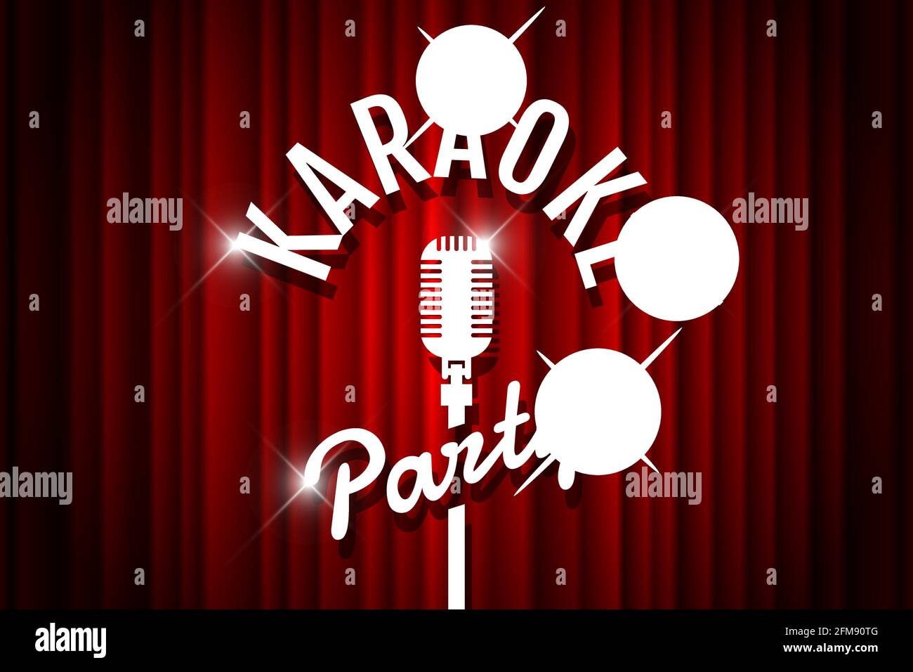 Serata di festa con karaoke, spettacolo dal vivo con microfono aperto sul palcoscenico vuoto del teatro. Microfono vintage contro sfondo rosso drappo a tenda sfumata. Illustrazione dell'immagine della fase retro vettoriale art Illustrazione Vettoriale