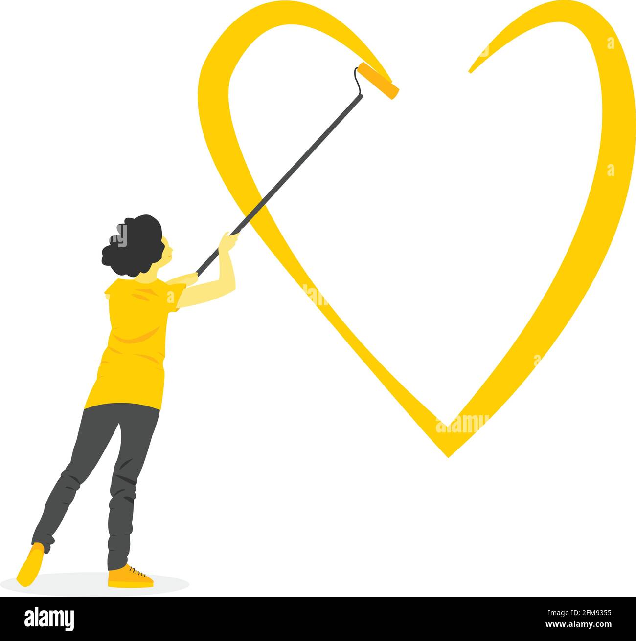 Donna che dipinge il cuore giallo sulla parete , l'illustrazione rappresenta l'amore e giorno di valentine Illustrazione Vettoriale