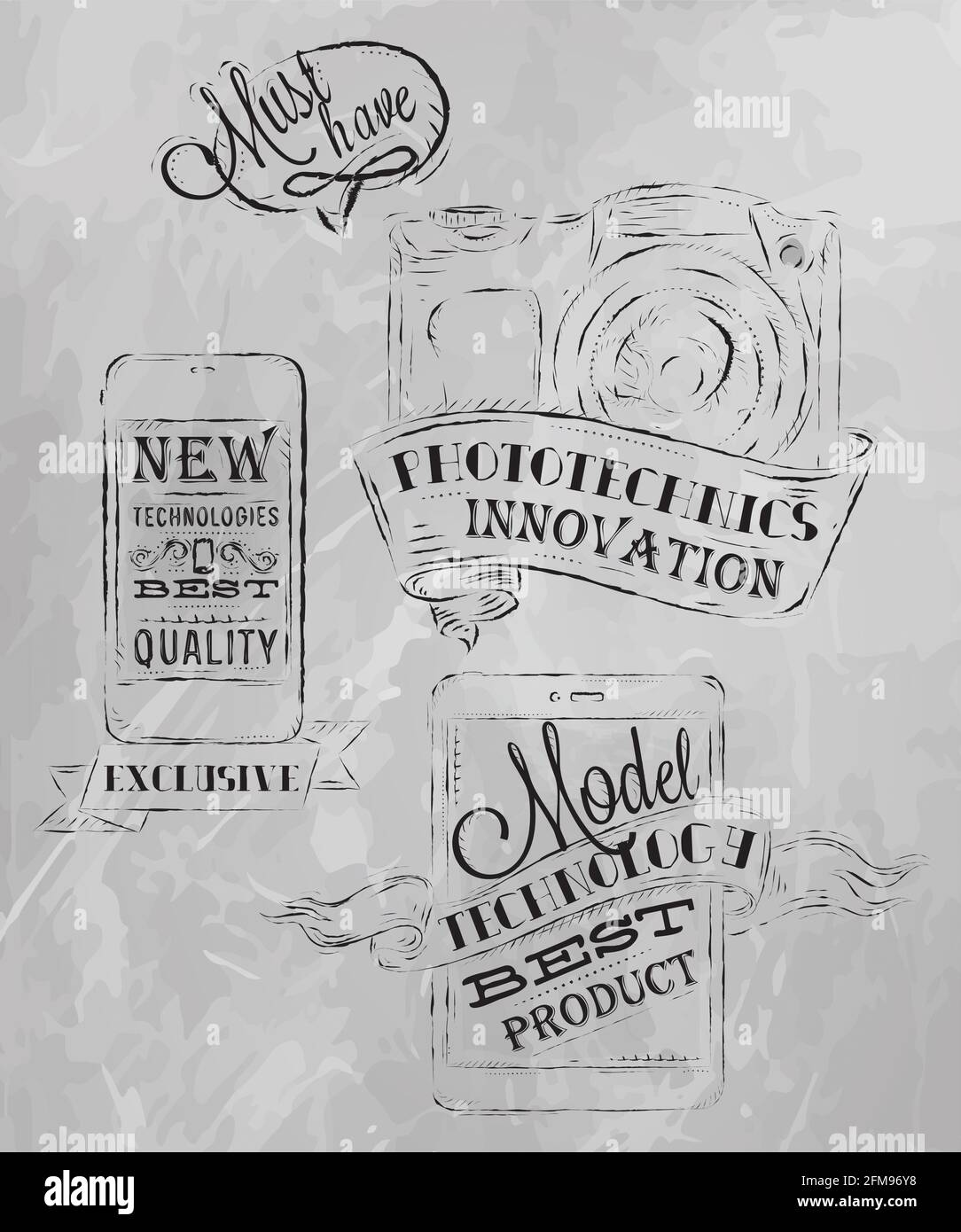 Elementi della moderna tecnologia della fotocamera per tablet mobile in vintage stile stilizzato sotto i disegni in gesso grigio Illustrazione Vettoriale