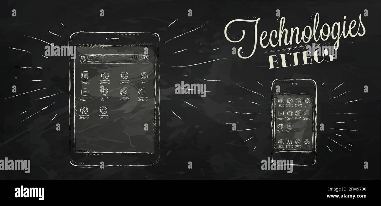 Icone sul dispositivo tablet mobile con tecnologia moderna in stile vintage disegno stilizzato con gesso sullo sfondo della lavagna Illustrazione Vettoriale