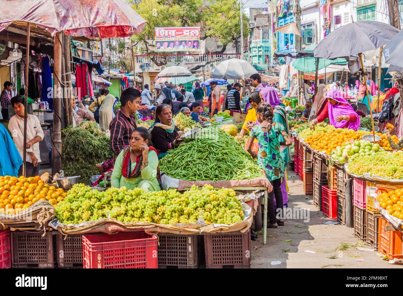 UDAIPUR, INDIA - 14 FEBBRAIO 2017: Mercato di frutta e verdura a Udaipur, stato del Rajasthan, India Foto Stock