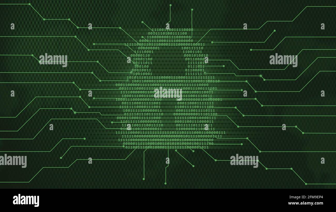 Concetto di tecnologia di sicurezza - lucchetto chiuso stilizzato costruito in binario codice tra le linee di collegamento delle informazioni su un fondo di carbonio strutturato Foto Stock
