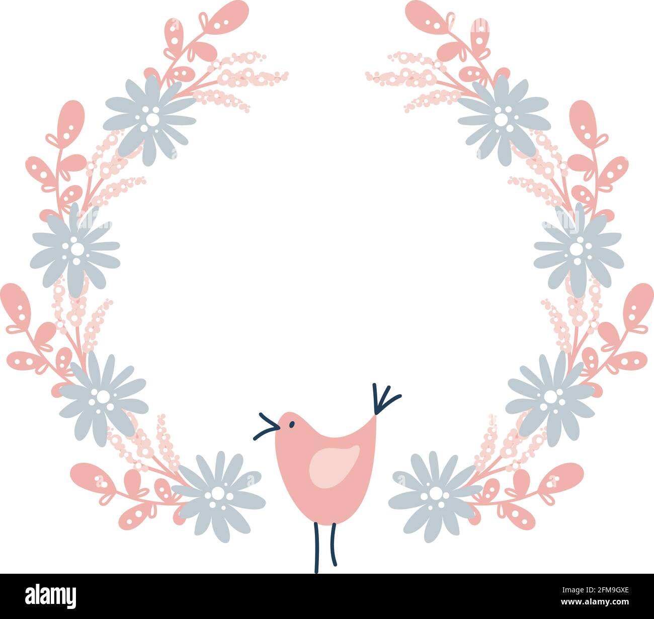 Vetector corone floreali circolari colorate con fiori estivi e uccello centrale spazio di copia bianco per il tuo testo. Corona disegnata a mano vettoriale con fiori Illustrazione Vettoriale