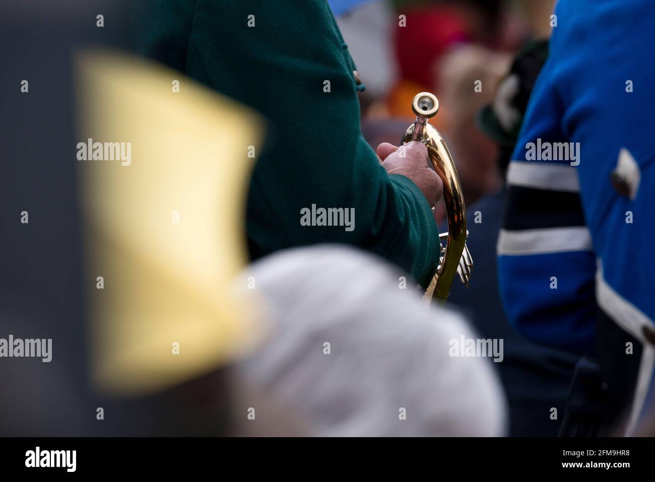 Musicista, trombettista, musica bavarese di ottone, boccaglio Foto Stock