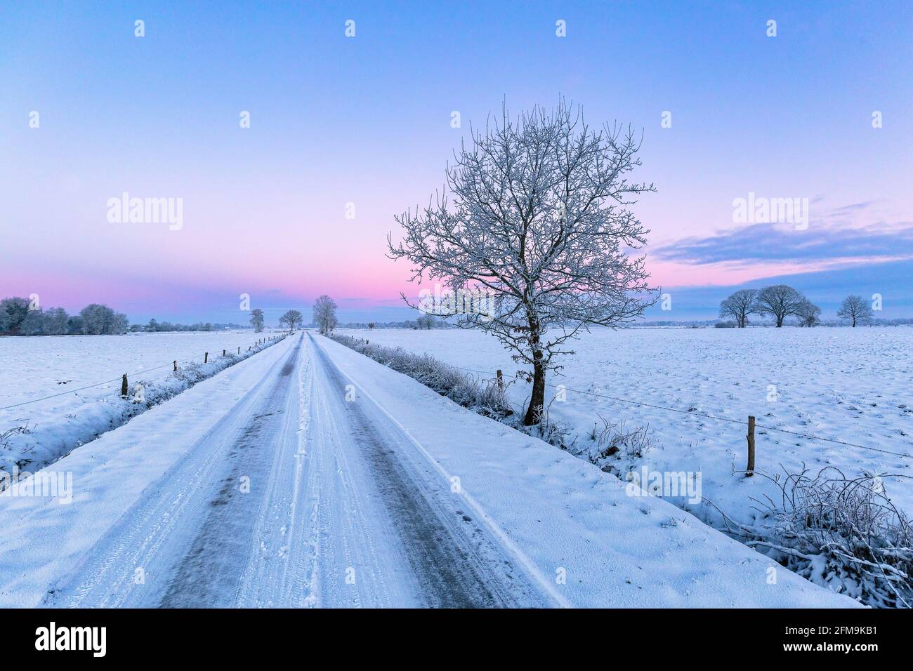 Alba a Wiesmoor, Eastfrisa in una fredda mattina d'inverno con neve e un'alba colorata. Foto Stock