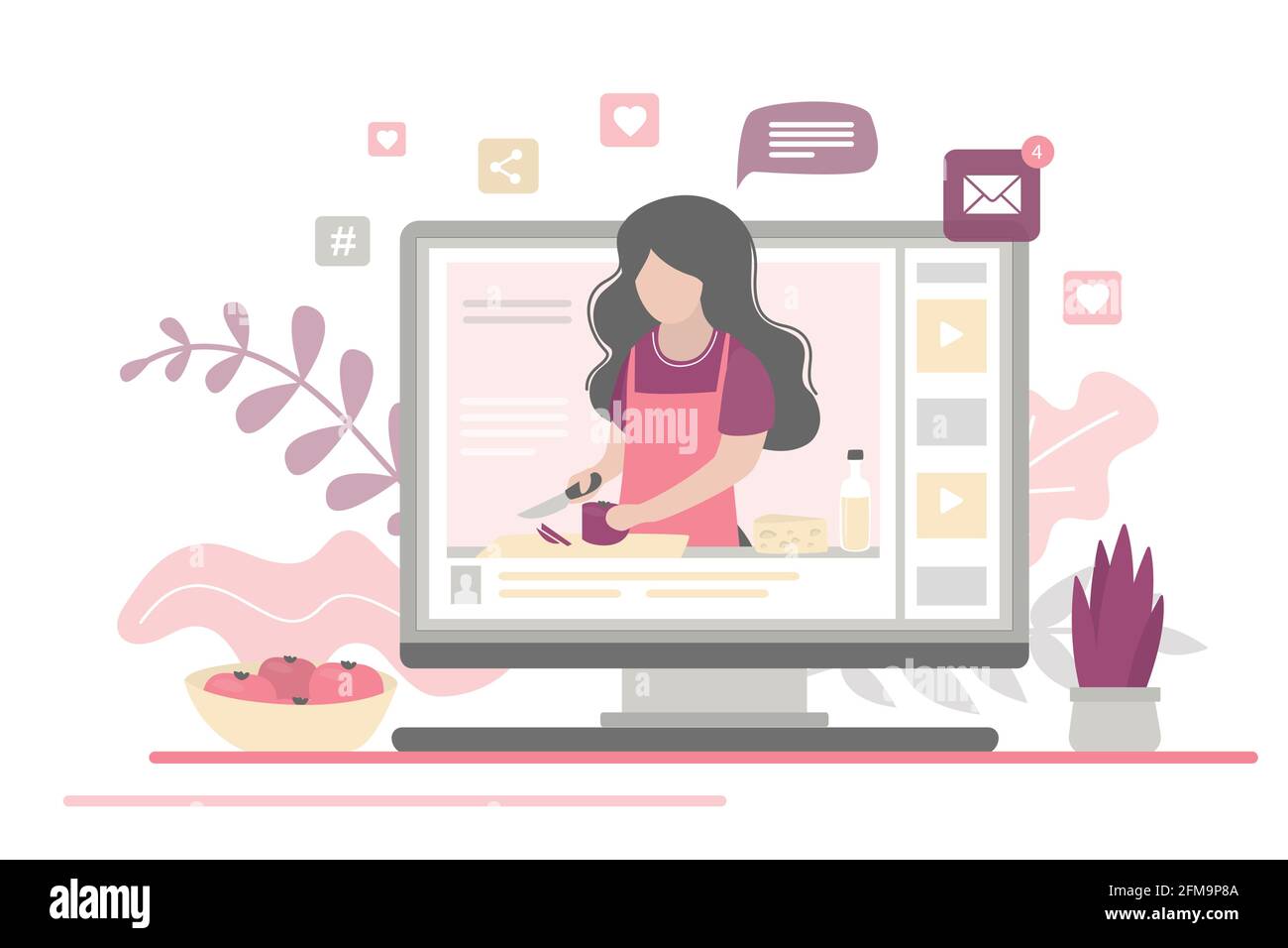 Video blog di cucina sul display del monitor. Il blogger del cibo dice come cucinare un piatto. Chef donna insegna a cucinare una nuova ricetta. Carattere vlogger femminile su mod Illustrazione Vettoriale