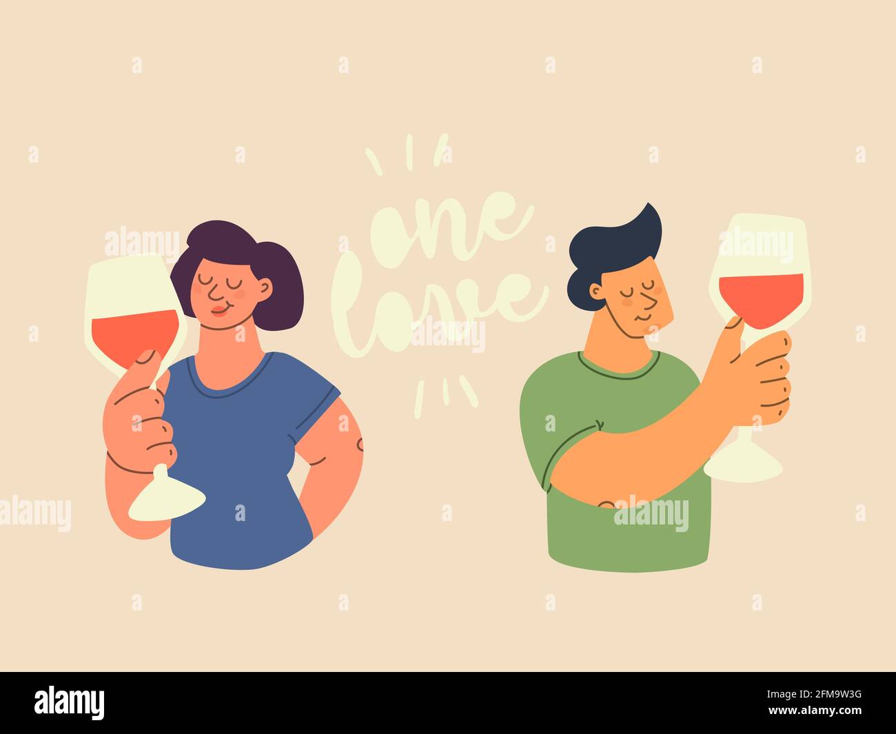 Vettore carino personaggi uomo e donna bere vino da bicchieri. Una scritta d'amore. Divertente illustrazione piatta colorata per poster, stampa, enoteca o. Illustrazione Vettoriale