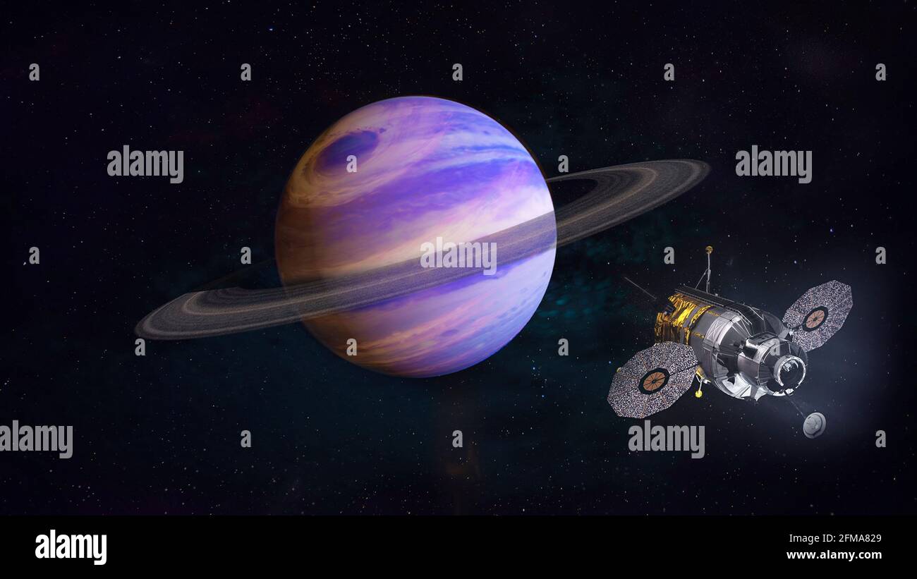 Missione al pianeta Saturno. Astronave nello spazio vicino al Saturno. Elementi di questa immagine forniti dalla NASA. Foto Stock