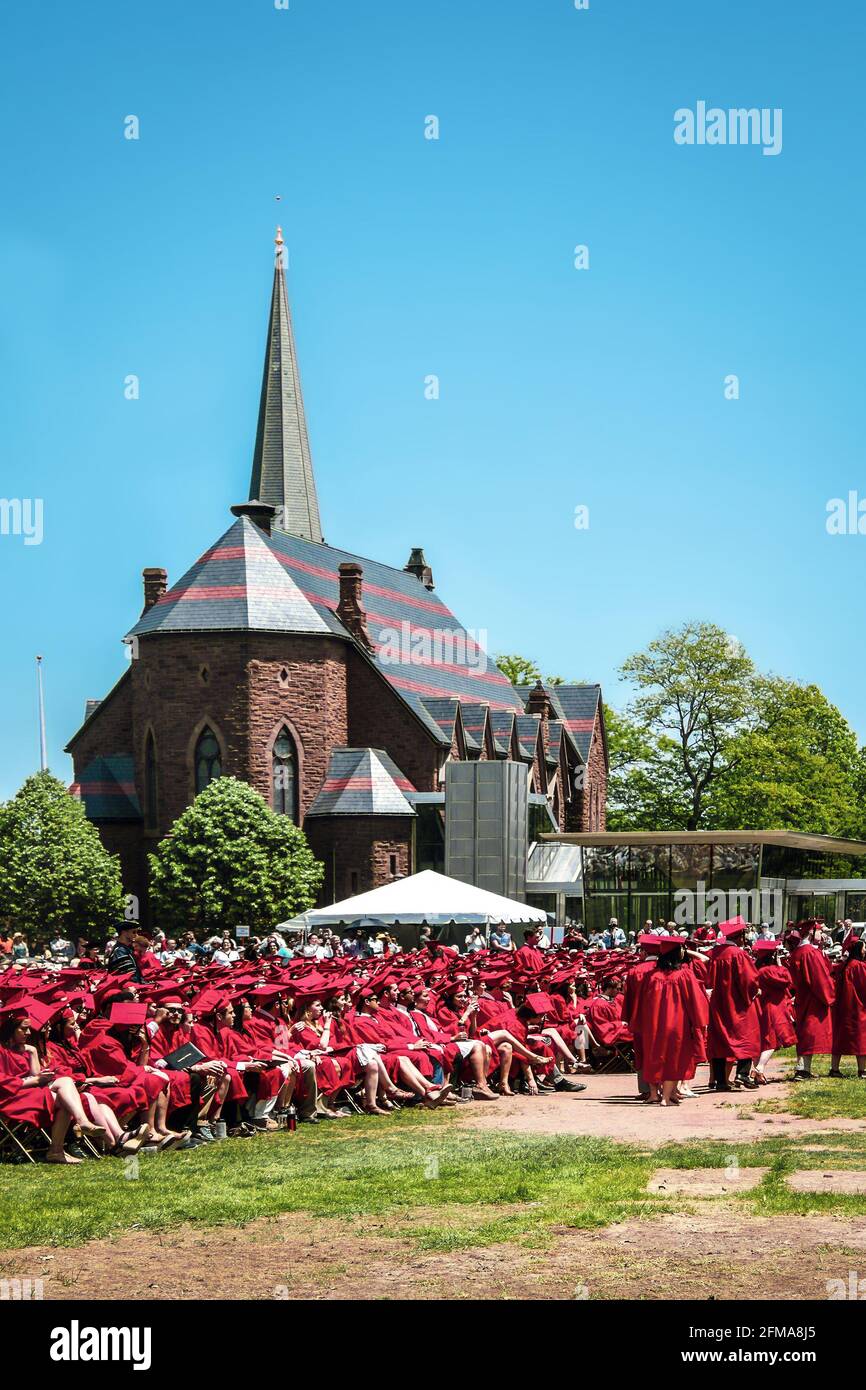 Aprile 24 2015 Middletown Connecticut - Memorial Chapel e Zelnick Pavilion - Brownstone di revival Gotico situato nel campus dell'Università di Wesleyan wit Foto Stock