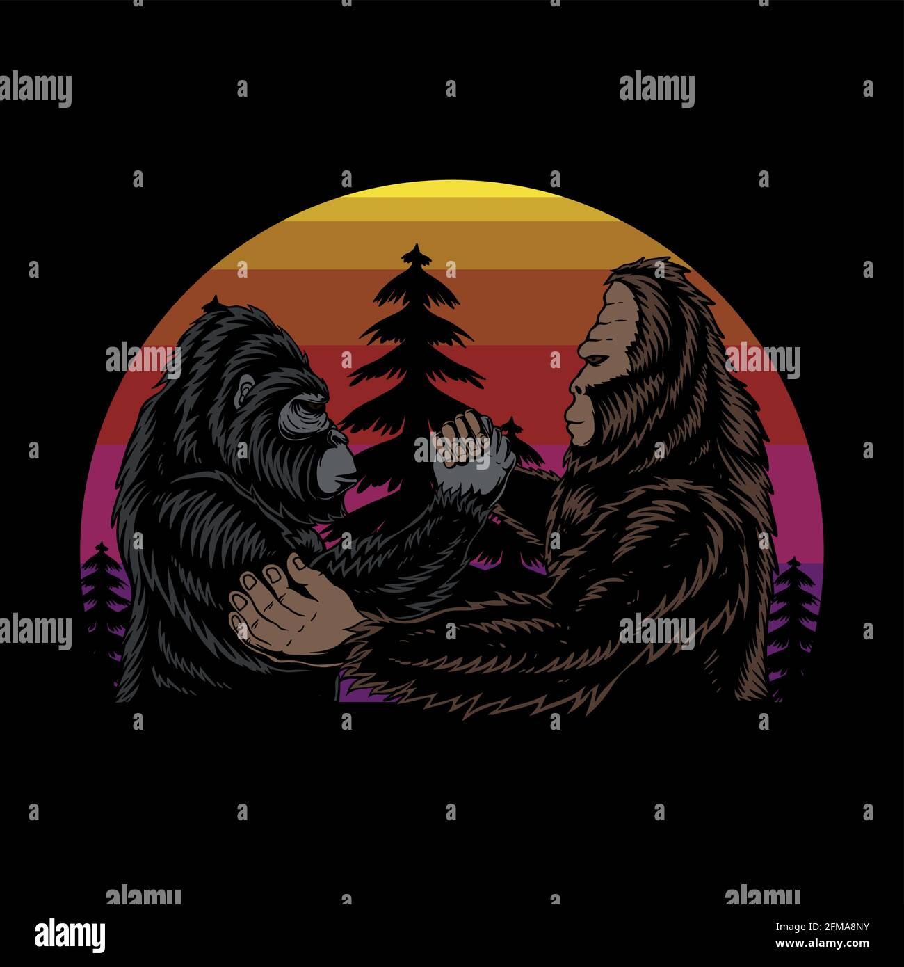 Bigfoot e gorilla fratelli retrò vettore illustrazione Illustrazione Vettoriale
