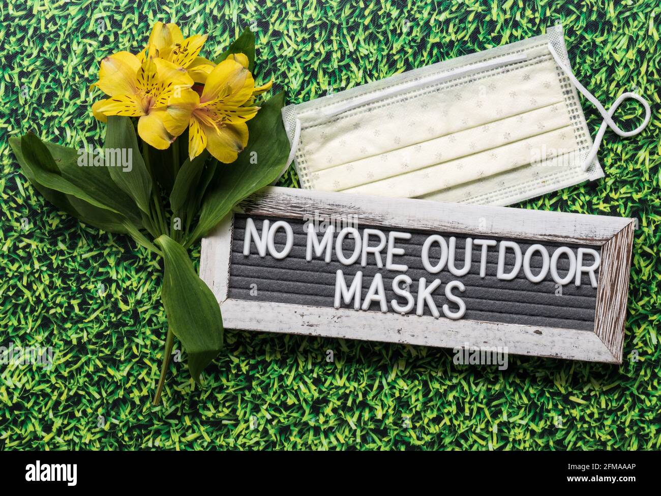 non più maschere all'aperto segno sul bordo della lettera del feltro con fiori e maschera su sfondo verde erba Foto Stock