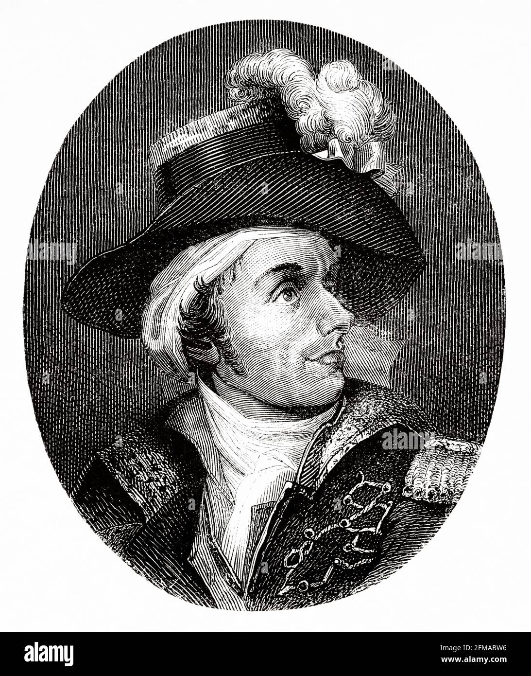 Ritratto di François Athanase de Charette de la Contrie (1763-1796), soldato e politico francese. Servì nella Royal Navy francese durante la Guerra d'indipendenza americana ed era uno dei leader della rivolta nella Vandea contro il regime rivoluzionario. Francia. Illustrazione del vecchio XIX secolo incisa da Histoire de la Revolution Francaise 1876 di Jules Michelet (1798-1874) Foto Stock