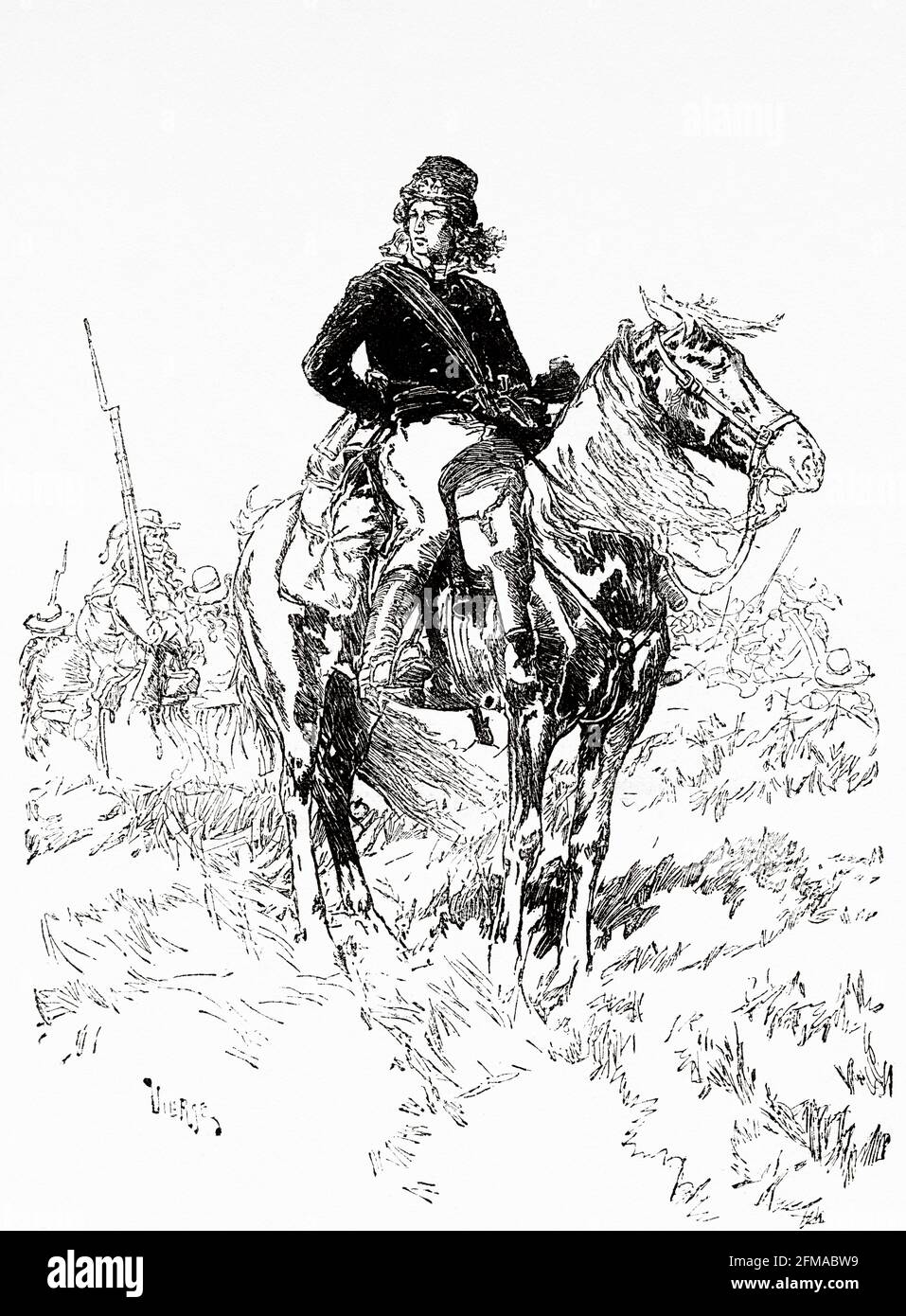 Ritratto di Henri de la Rochejaquelein. Henri du Vergier (1772-1794) comte de la Rochejaquelein, fu il più giovane generale dell'insurrezione Royalista Vendéan durante la Rivoluzione francese. Comandante in capo dell'esercito cattolico e reale all'età di 21 anni, è considerato uno degli ufficiali più coraggiosi della storia militare francese. Francia. Illustrazione del vecchio XIX secolo incisa da Histoire de la Revolution Francaise 1876 di Jules Michelet (1798-1874) Foto Stock