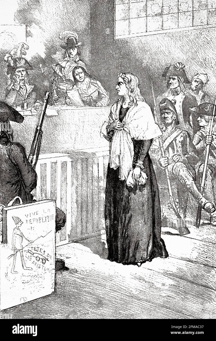 Processo di Maria Antonietta 81755 - 1793) dinanzi al Tribunale rivoluzionario francese, 14 ottobre 1793. Maria Antonietta, . Dauphine di Francia dal 1770 al 1774 e Regina di Francia e Navarra. Francia. Illustrazione del vecchio XIX secolo incisa da Histoire de la Revolution Francaise 1876 di Jules Michelet (1798-1874) Foto Stock