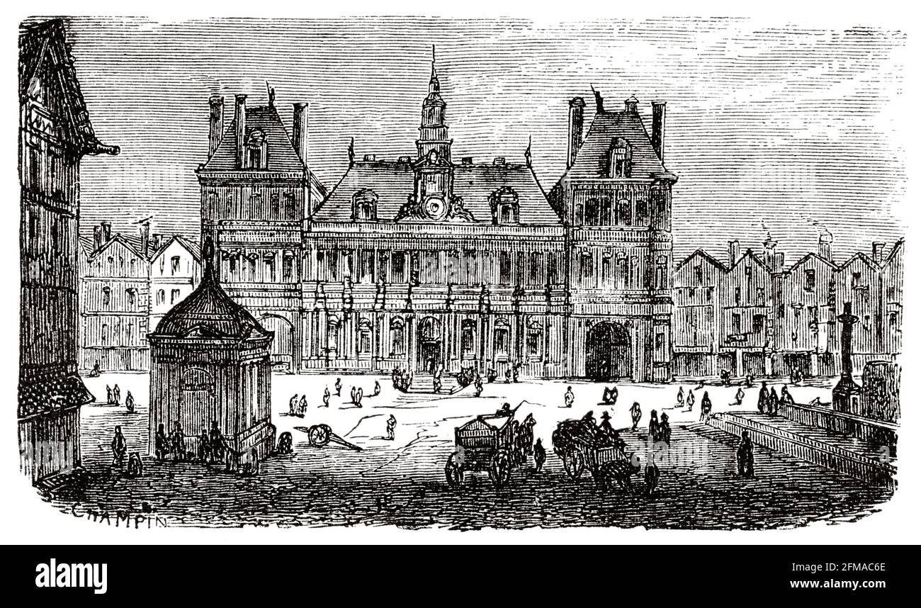 Hotel de Ville. Municipio di Parigi. Francia, Rivoluzione francese 18 ° secolo. Francia. Illustrazione del vecchio XIX secolo incisa da Histoire de la Revolution Francaise 1876 di Jules Michelet (1798-1874) Foto Stock